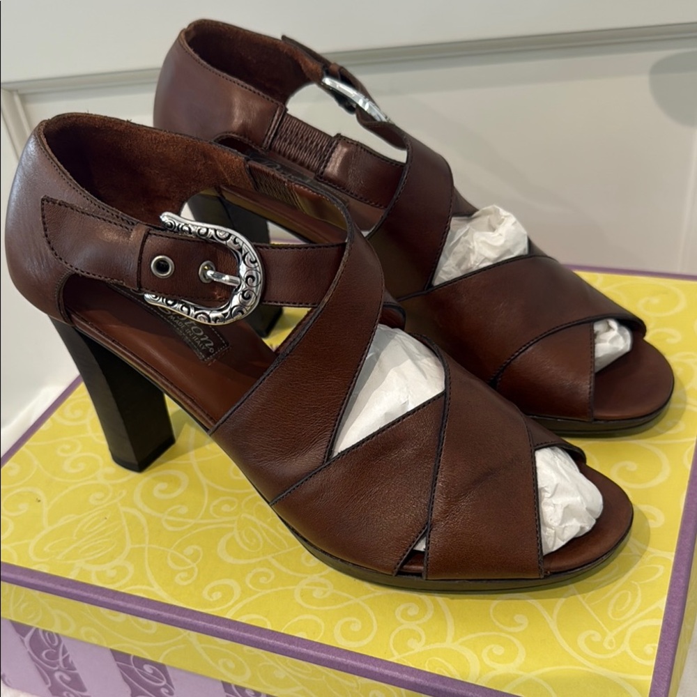 Brighton Brown Block Heel Sandals with Glossy Finish